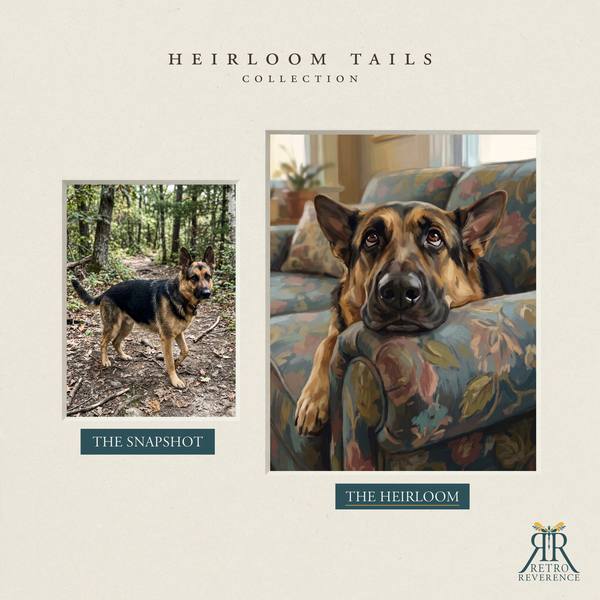 Custom dog portrait before and after: the customer’s original photo beside the finished illustration of a dog gazing up with impossibly pleading eyes