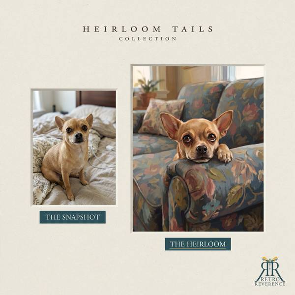 Another before and after, showing a different dog photo transformed into the scene of a dog gazing up with impossibly pleading eyes