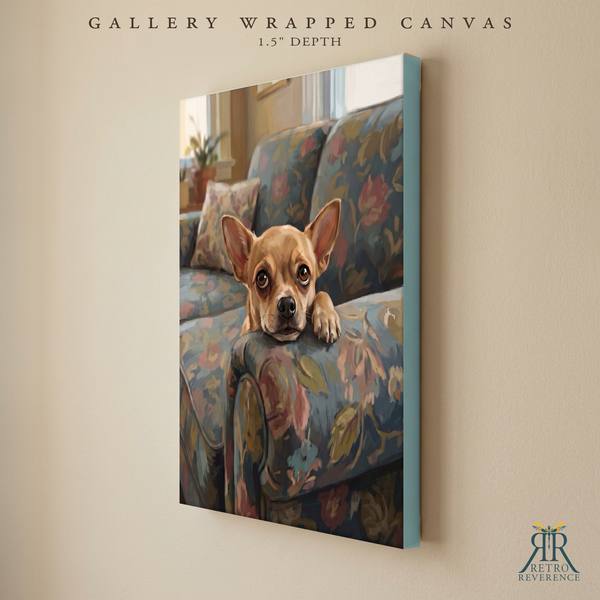 Custom dog portrait of a dog gazing up with impossibly pleading eyes as a gallery wrapped canvas with finished edges