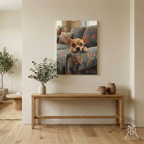 Custom dog portrait of a dog gazing up with impossibly pleading eyes, framed and hanging on a wall at home
