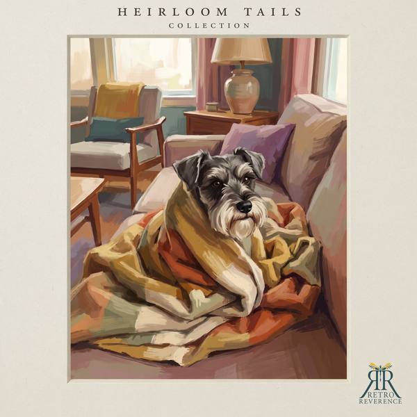 The same scene of a dog wrapped up in a blanket like a burrito, only its face showing, rendered with a different dog, showing how the portrait adapts to any coat and markings