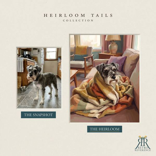 Custom dog portrait before and after: the customer’s original photo beside the finished illustration of a dog wrapped up in a blanket like a burrito, only its face showing