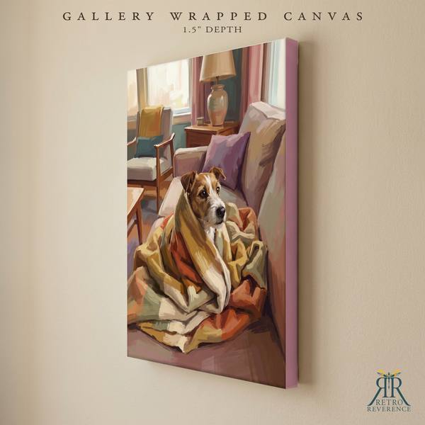 Custom dog portrait of a dog wrapped up in a blanket like a burrito, only its face showing as a gallery wrapped canvas with finished edges