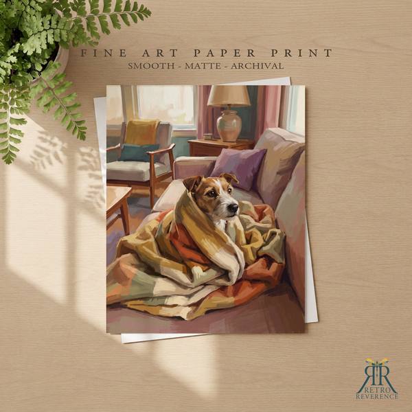 Custom dog portrait of a dog wrapped up in a blanket like a burrito, only its face showing as a framed fine art paper print