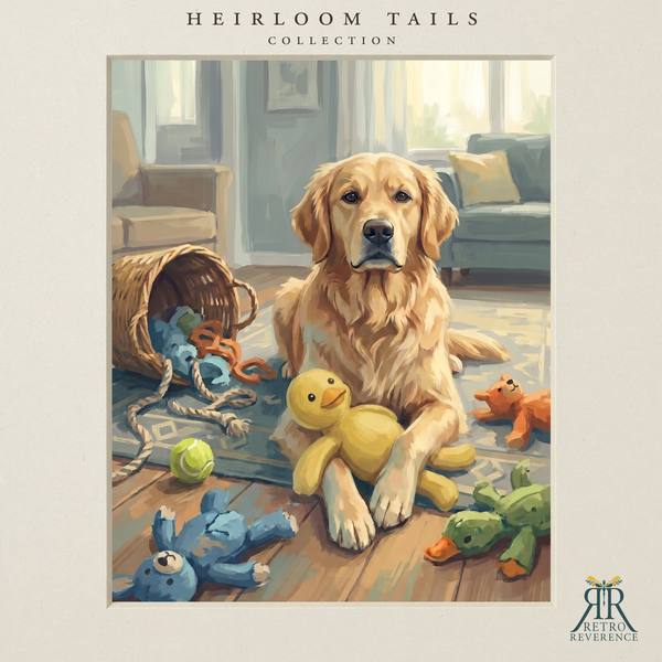 The same scene of a dog surrounded by a toy basket it has just emptied, rendered with a different dog, showing how the portrait adapts to any coat and markings