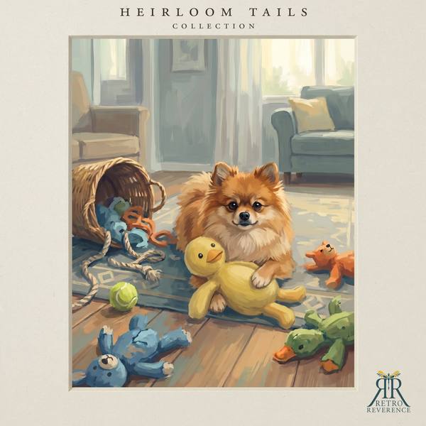 The same scene of a dog surrounded by a toy basket it has just emptied, rendered with a different dog, showing how the portrait adapts to any coat and markings