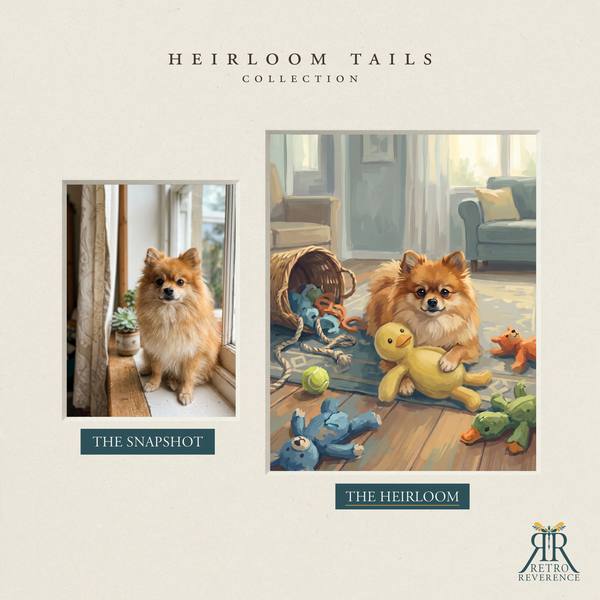 Custom dog portrait before and after: the customer’s original photo beside the finished illustration of a dog surrounded by a toy basket it has just emptied