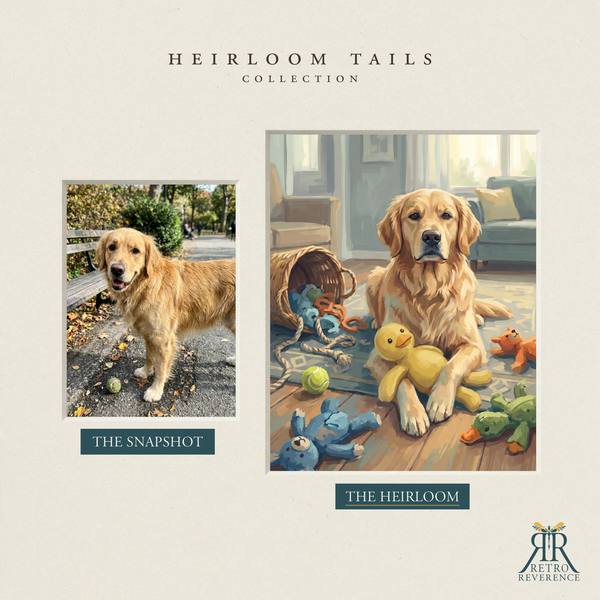 Another before and after, showing a different dog photo transformed into the scene of a dog surrounded by a toy basket it has just emptied