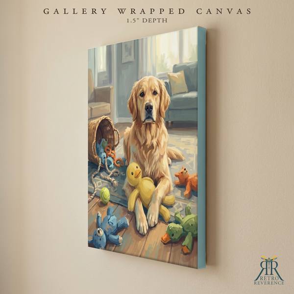 Custom dog portrait of a dog surrounded by a toy basket it has just emptied as a gallery wrapped canvas with finished edges