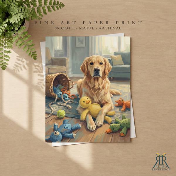 Custom dog portrait of a dog surrounded by a toy basket it has just emptied as a framed fine art paper print