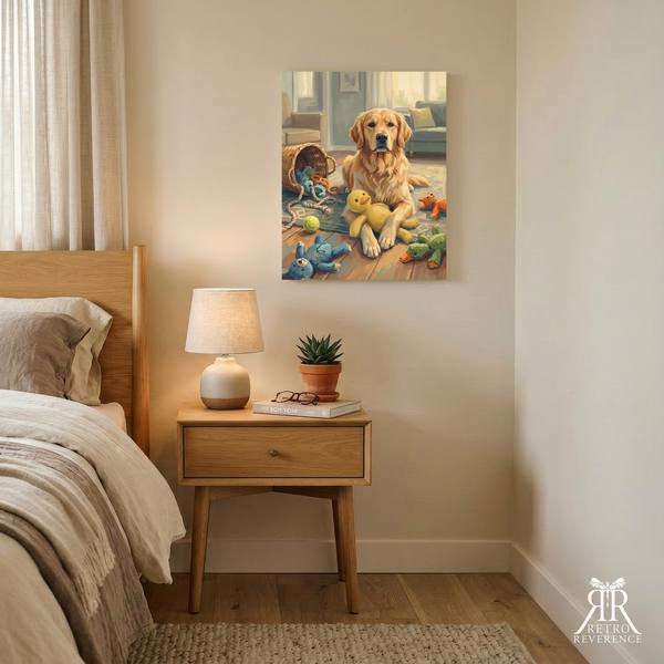 Custom dog portrait of a dog surrounded by a toy basket it has just emptied, framed and hanging on a wall at home
