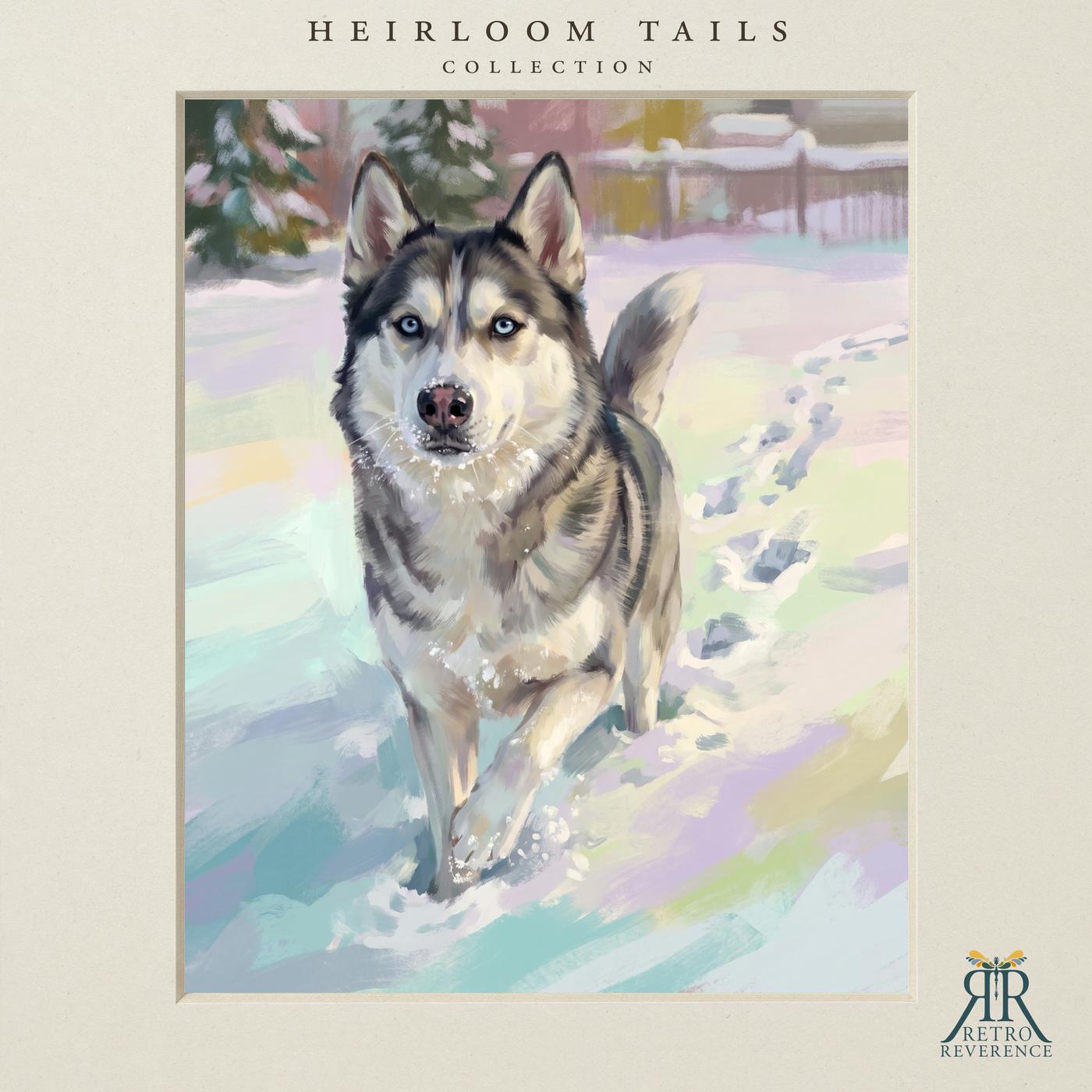 Custom dog portrait of a dog trotting back through fresh snow with a stick, illustrated in a painterly vintage style