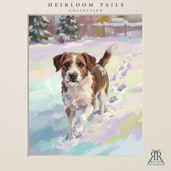 The same scene of a dog trotting back through fresh snow with a stick, rendered with a different dog, showing how the portrait adapts to any coat and markings