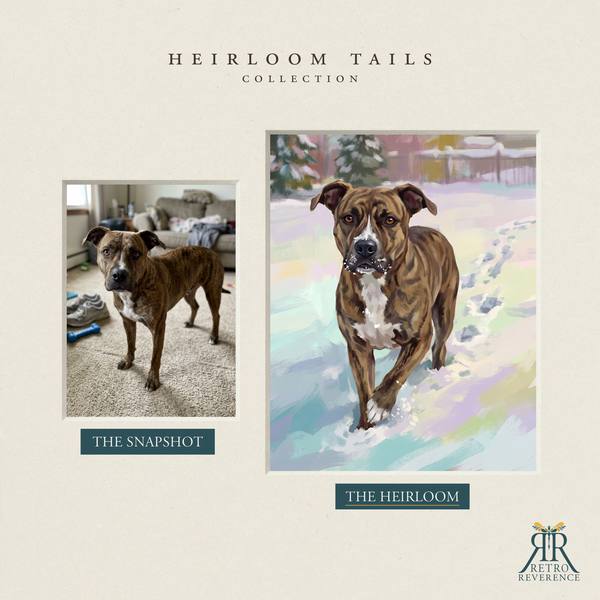 Custom dog portrait before and after: the customer’s original photo beside the finished illustration of a dog trotting back through fresh snow with a stick