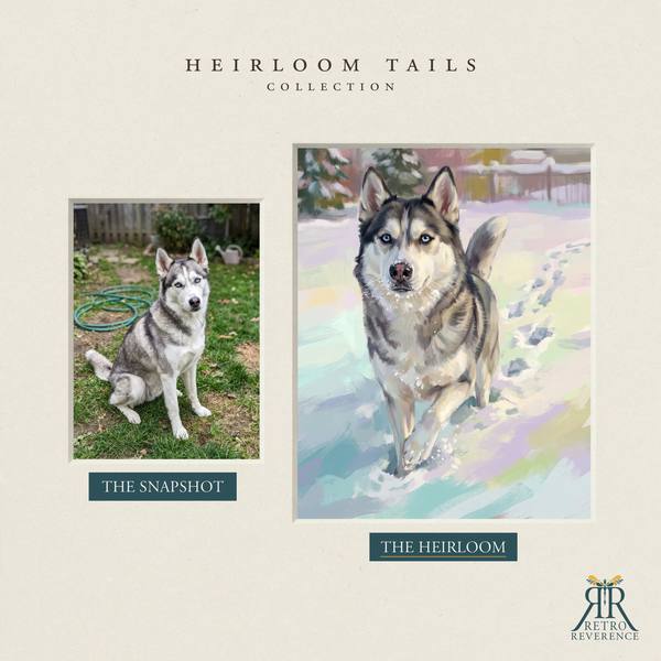 Another before and after, showing a different dog photo transformed into the scene of a dog trotting back through fresh snow with a stick