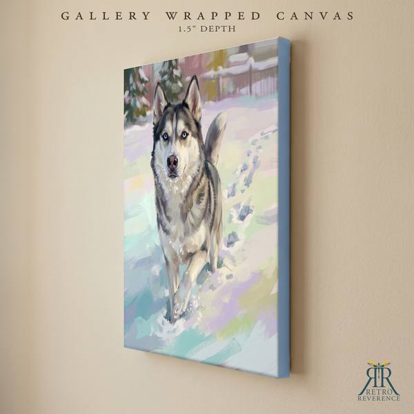 Custom dog portrait of a dog trotting back through fresh snow with a stick as a gallery wrapped canvas with finished edges
