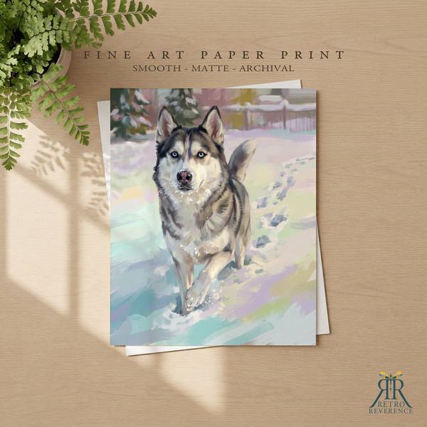 Custom dog portrait of a dog trotting back through fresh snow with a stick as a framed fine art paper print
