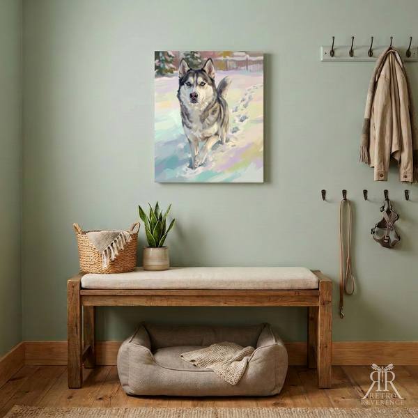 Custom dog portrait of a dog trotting back through fresh snow with a stick, framed and hanging on a wall at home