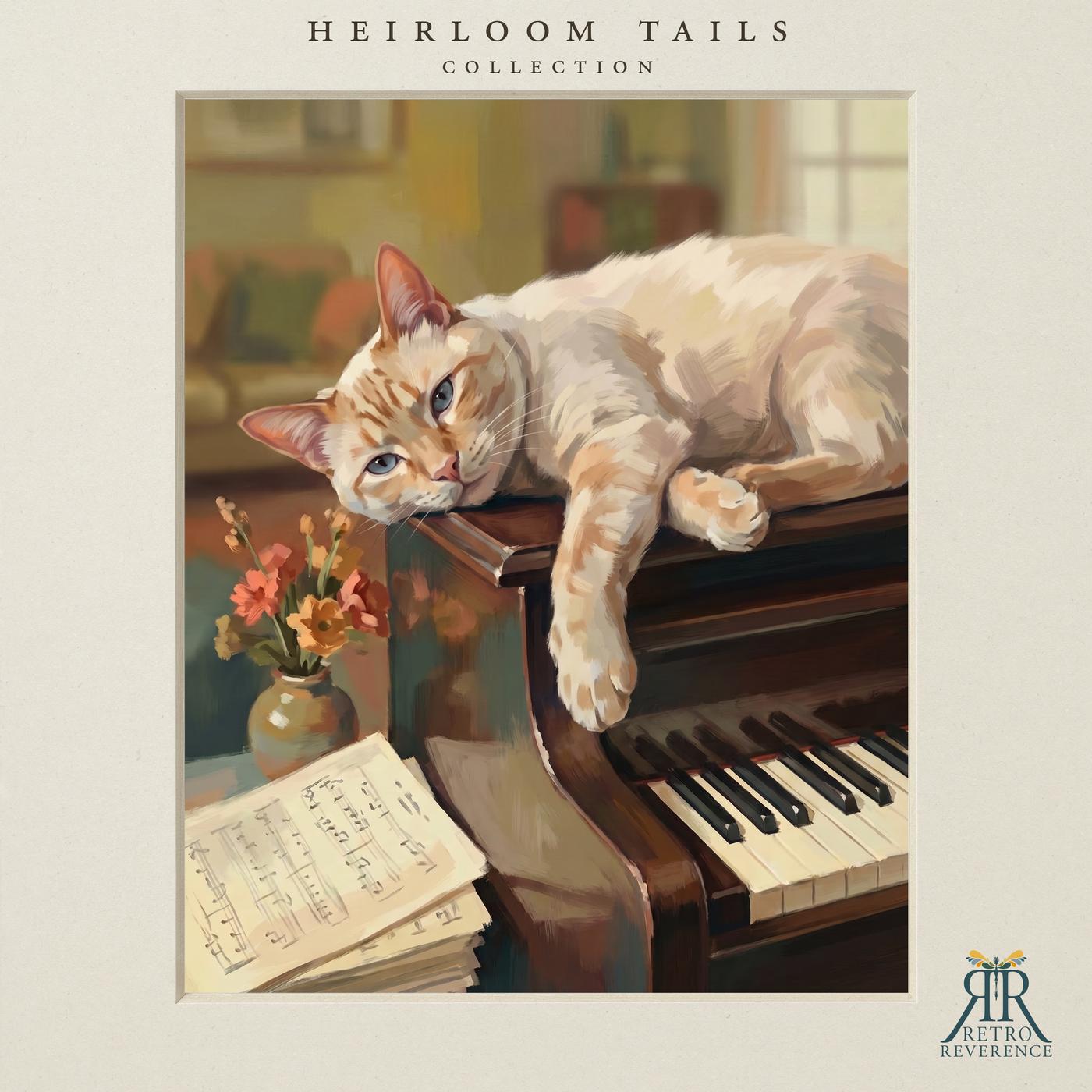 Custom cat portrait of a cat draped across an upright piano in a vintage style music room, illustrated in a painterly vintage style
