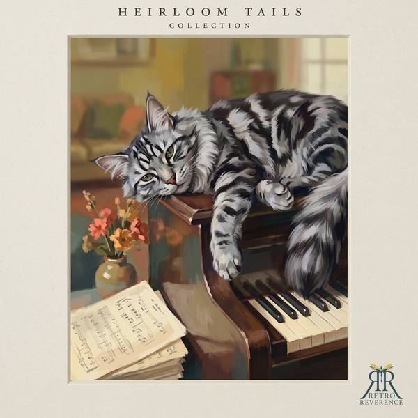 The same scene of a cat draped across an upright piano in a vintage style music room, rendered with a different cat, showing how the portrait adapts to any coat and markings