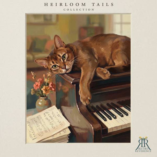 The same scene of a cat draped across an upright piano in a vintage style music room, rendered with a different cat, showing how the portrait adapts to any coat and markings