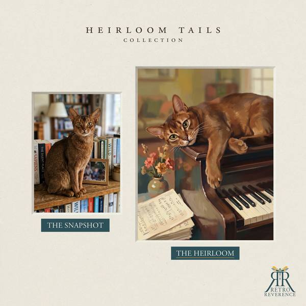 Custom cat portrait before and after: the customer’s original photo beside the finished illustration of a cat draped across an upright piano in a vintage style music room