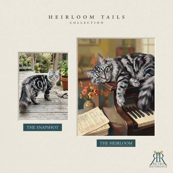 Another before and after, showing a different cat photo transformed into the scene of a cat draped across an upright piano in a vintage style music room