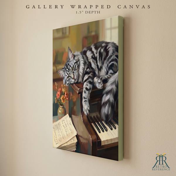 Custom cat portrait of a cat draped across an upright piano in a vintage style music room as a gallery wrapped canvas with finished edges