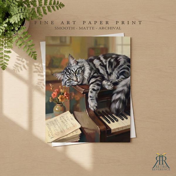 Custom cat portrait of a cat draped across an upright piano in a vintage style music room as a framed fine art paper print