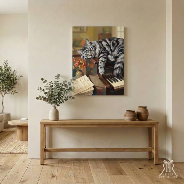 Custom cat portrait of a cat draped across an upright piano in a vintage style music room, framed and hanging on a wall at home