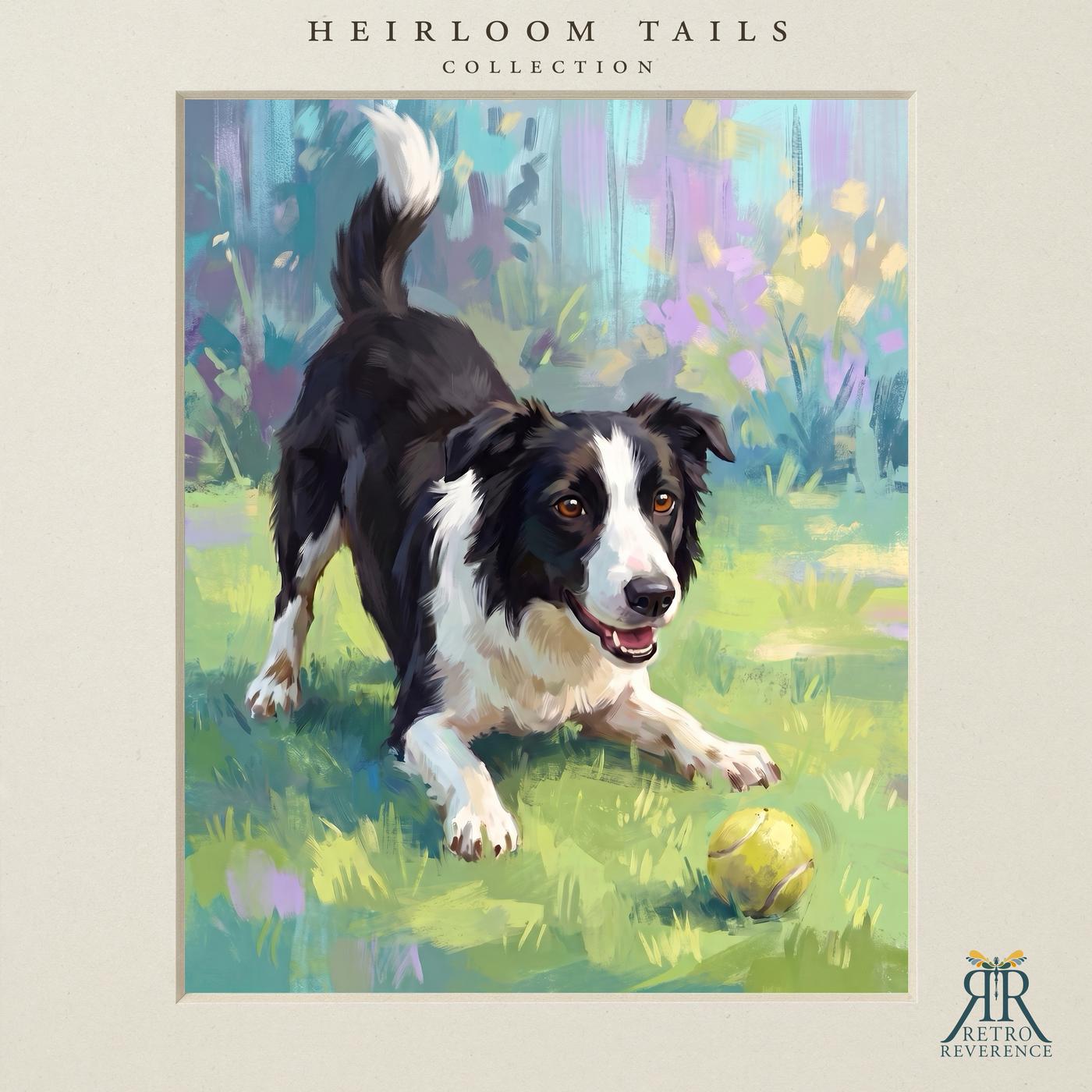Custom dog portrait of a dog mid-stride on the grass with a tennis ball, illustrated in a painterly vintage style