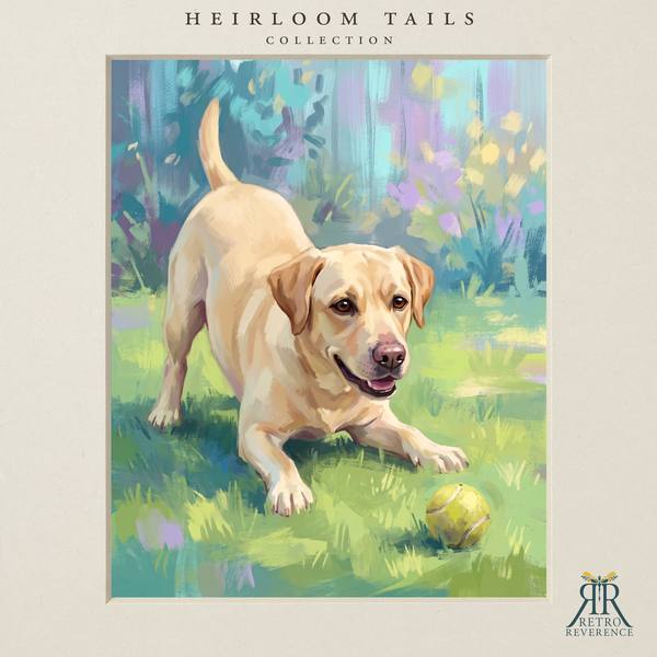 The same scene of a dog mid-stride on the grass with a tennis ball, rendered with a different dog, showing how the portrait adapts to any coat and markings