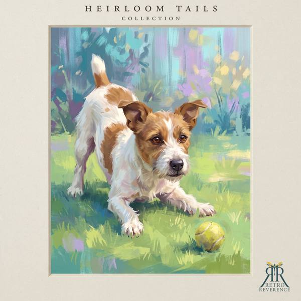 The same scene of a dog mid-stride on the grass with a tennis ball, rendered with a different dog, showing how the portrait adapts to any coat and markings