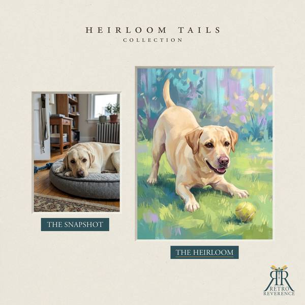 Custom dog portrait before and after: the customer’s original photo beside the finished illustration of a dog mid-stride on the grass with a tennis ball