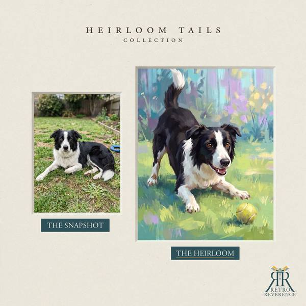 Another before and after, showing a different dog photo transformed into the scene of a dog mid-stride on the grass with a tennis ball