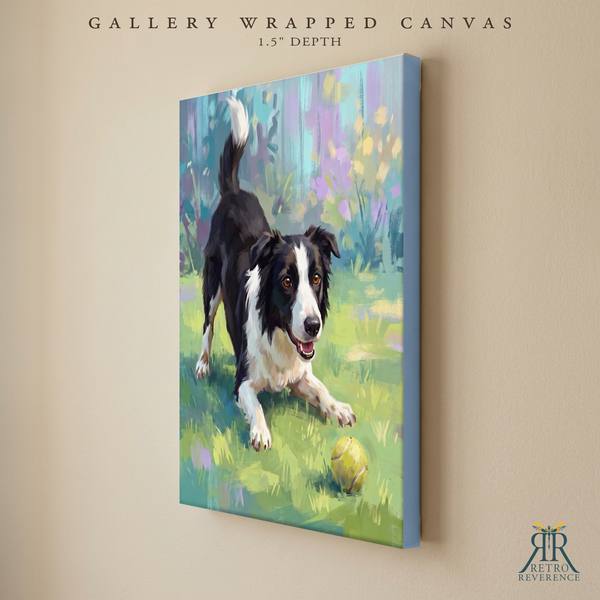 Custom dog portrait of a dog mid-stride on the grass with a tennis ball as a gallery wrapped canvas with finished edges