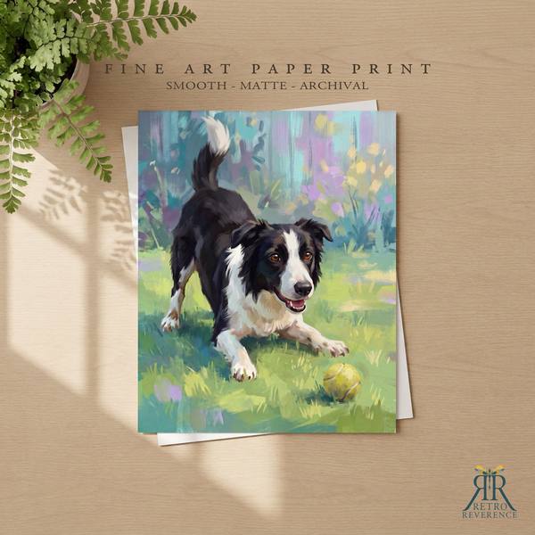 Custom dog portrait of a dog mid-stride on the grass with a tennis ball as a framed fine art paper print