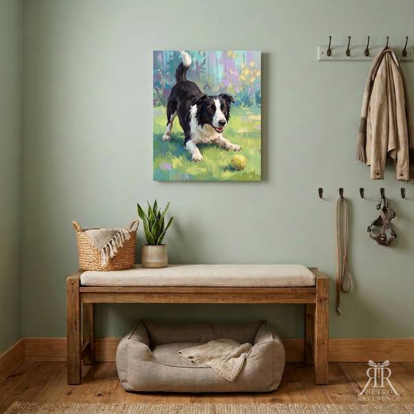 Custom dog portrait of a dog mid-stride on the grass with a tennis ball, framed and hanging on a wall at home