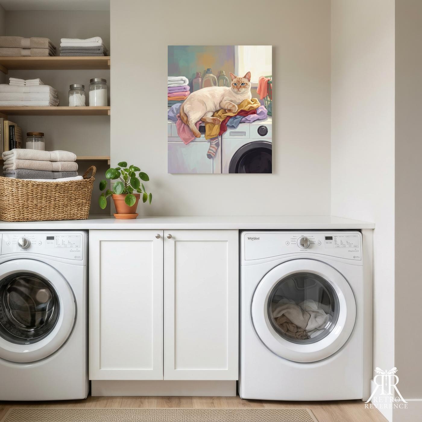 Custom cat portrait of a cat stretched across a pile of warm folded laundry, framed and hanging on a wall at home