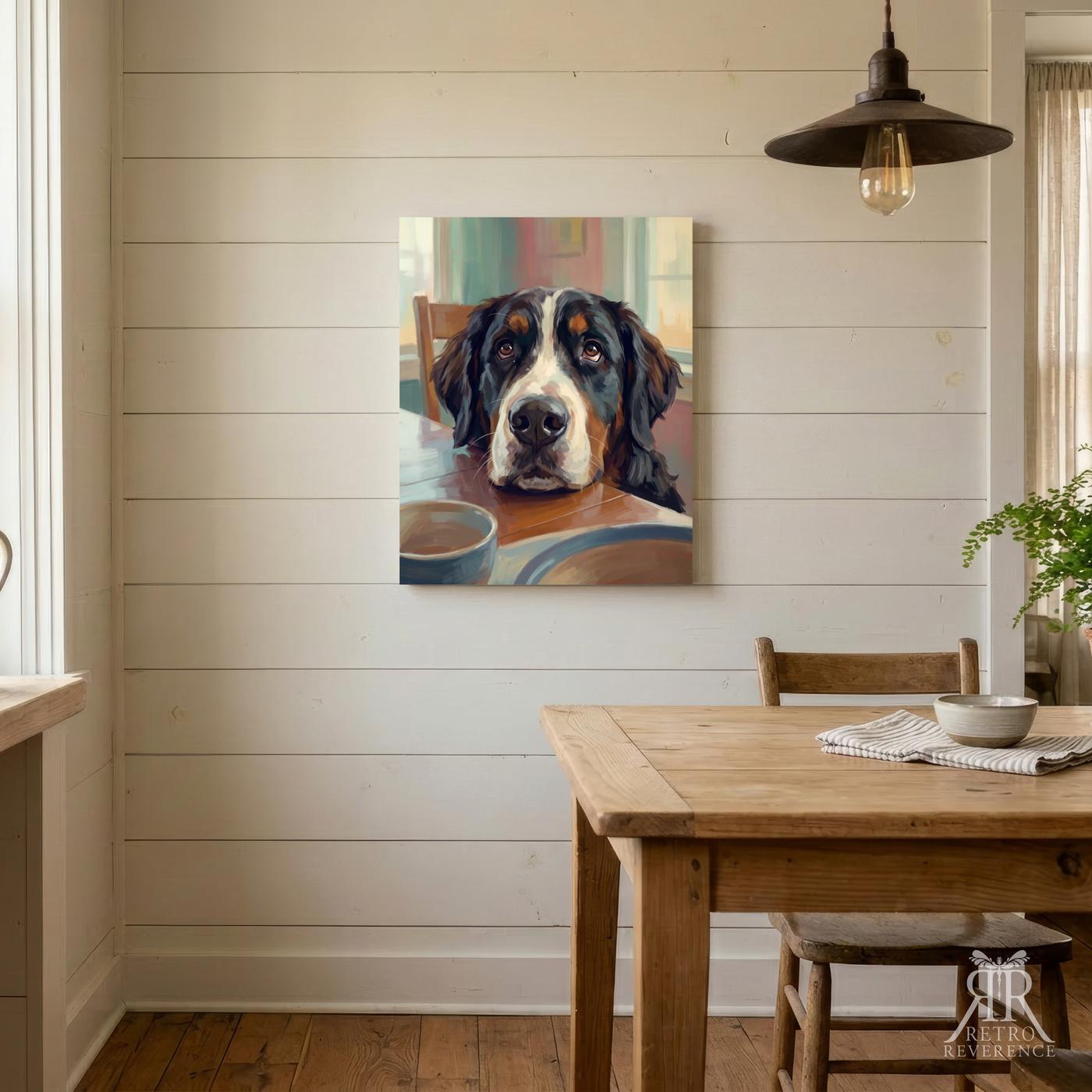 Custom dog portrait of a polite dog at the dining table with its chin at table level, framed and hanging on a wall at home