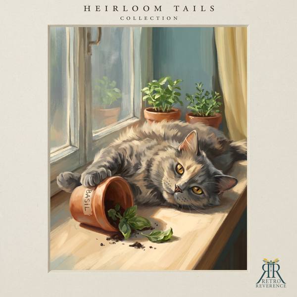 The same scene of a cat sunning itself on a windowsill among terracotta pots, rendered with a different cat, showing how the portrait adapts to any coat and markings