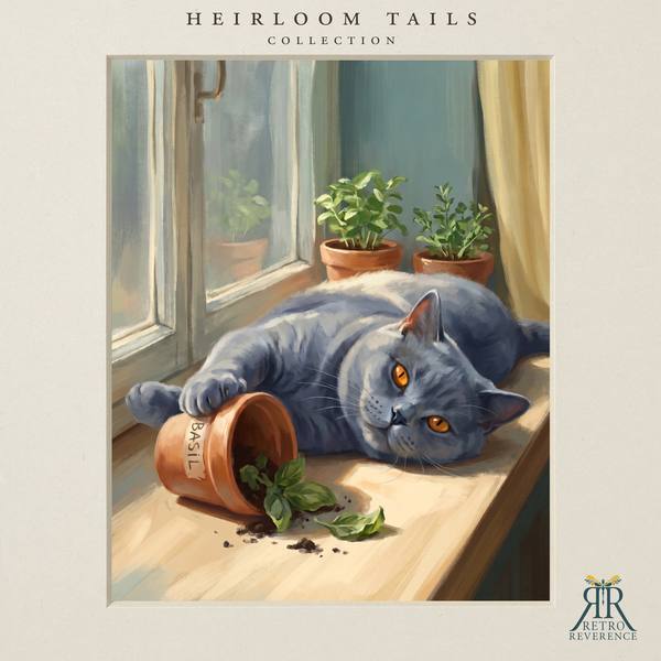 The same scene of a cat sunning itself on a windowsill among terracotta pots, rendered with a different cat, showing how the portrait adapts to any coat and markings