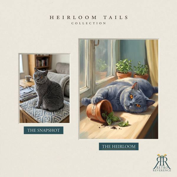 Custom cat portrait before and after: the customer’s original photo beside the finished illustration of a cat sunning itself on a windowsill among terracotta pots