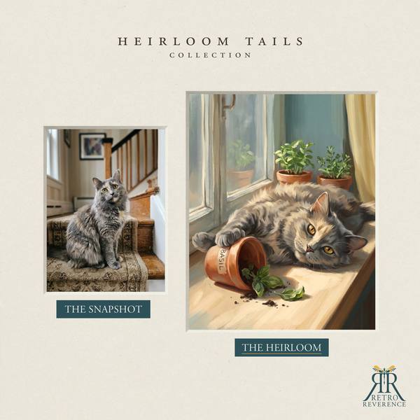 Another before and after, showing a different cat photo transformed into the scene of a cat sunning itself on a windowsill among terracotta pots