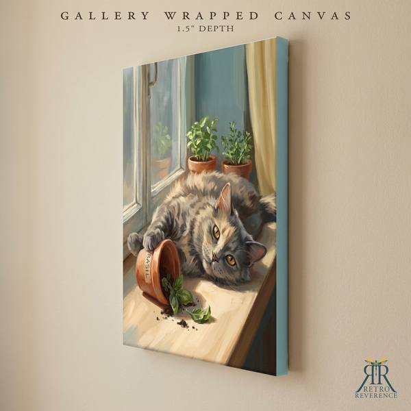 Custom cat portrait of a cat sunning itself on a windowsill among terracotta pots as a gallery wrapped canvas with finished edges