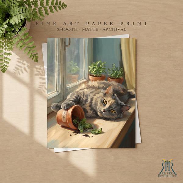 Custom cat portrait of a cat sunning itself on a windowsill among terracotta pots as a framed fine art paper print
