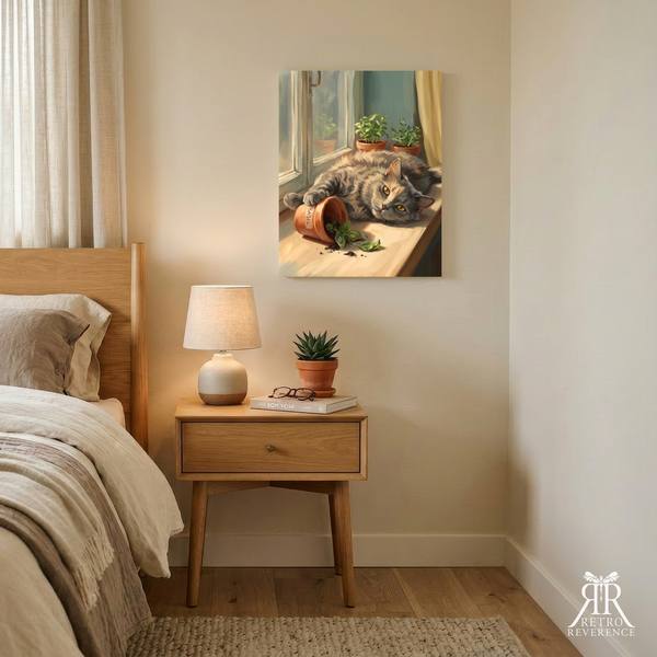Custom cat portrait of a cat sunning itself on a windowsill among terracotta pots, framed and hanging on a wall at home