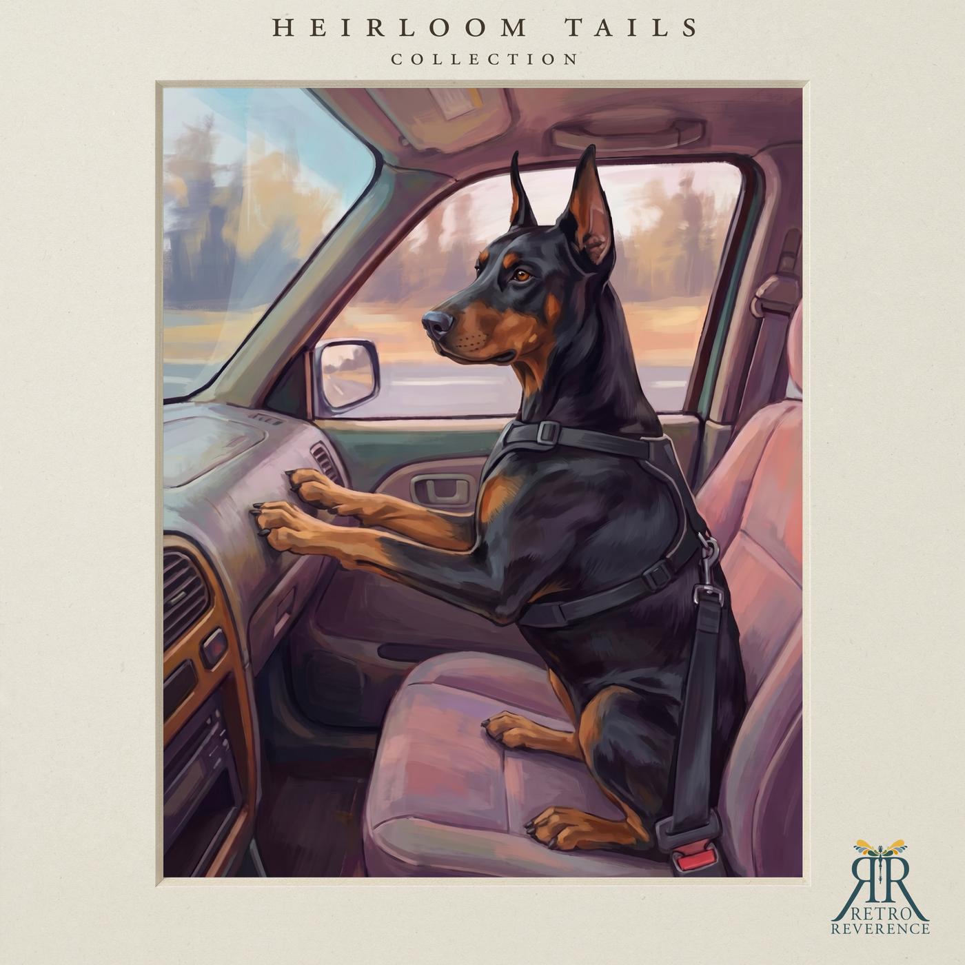 Custom dog portrait of a dog in the passenger seat with its paws on the dashboard at sunset, illustrated in a painterly vintage style