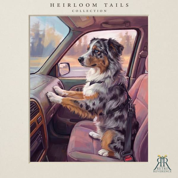The same scene of a dog in the passenger seat with its paws on the dashboard at sunset, rendered with a different dog, showing how the portrait adapts to any coat and markings