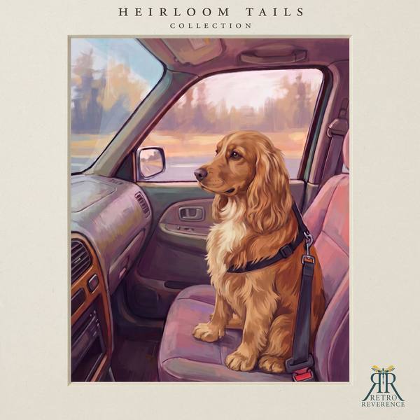 The same scene of a dog in the passenger seat with its paws on the dashboard at sunset, rendered with a different dog, showing how the portrait adapts to any coat and markings